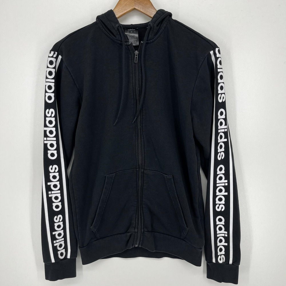 Adidas Mens Full Zip Hoodie Black Logo Tape Sleeve Size Small Cotton
